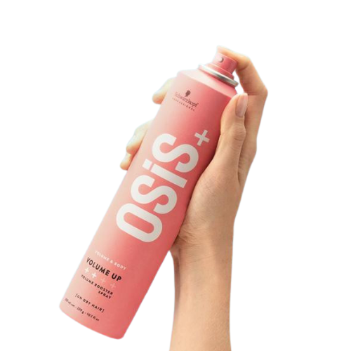 Spray volumateur OSIS+ Volume Up Schwarzkopf pour cheveux longs sans volume, effet racines liftées et tenue naturelle.
