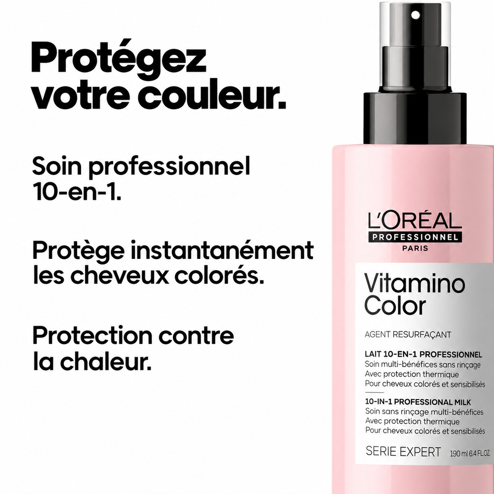 Soin Vitamino Color 10-en-1 L’Oréal Professionnel pour cheveux colorés, présenté dans un flacon rose avec protection thermique.