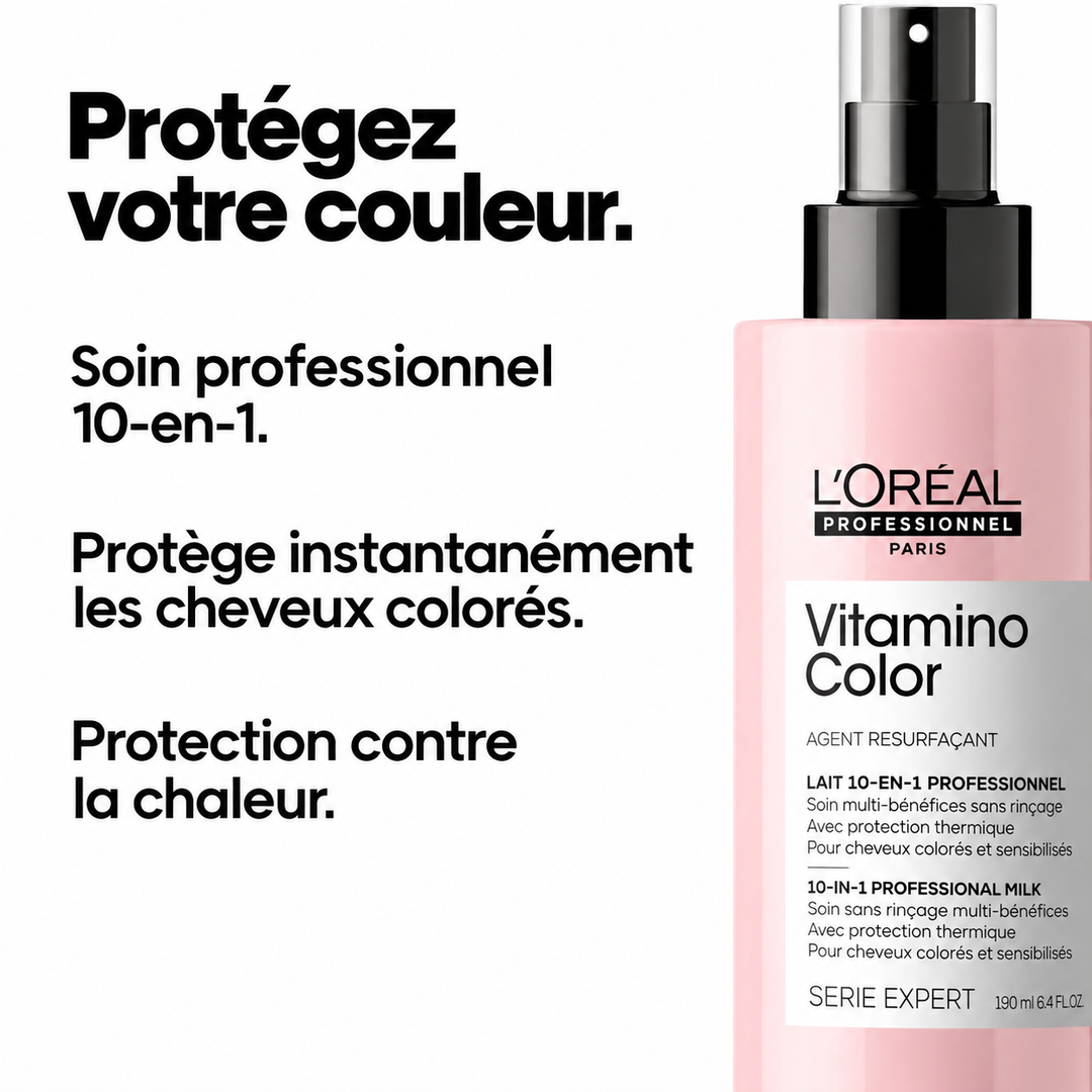 Soin Vitamino Color 10-en-1 L’Oréal Professionnel pour cheveux colorés, présenté dans un flacon rose avec protection thermique.