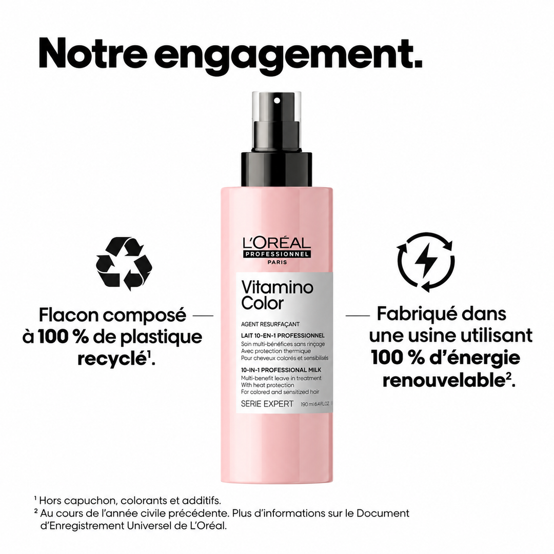 Flacon rose du soin Vitamino Color L’Oréal Professionnel avec informations sur le plastique recyclé et l’utilisation d’énergie renouvelable.