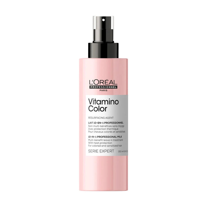 L’Oréal Professionnel Vitamino Color soin multi-bénéfices 10-en-1 sans rinçage 190 ml, flacon rose avec vaporisateur noir sur fond blanc.