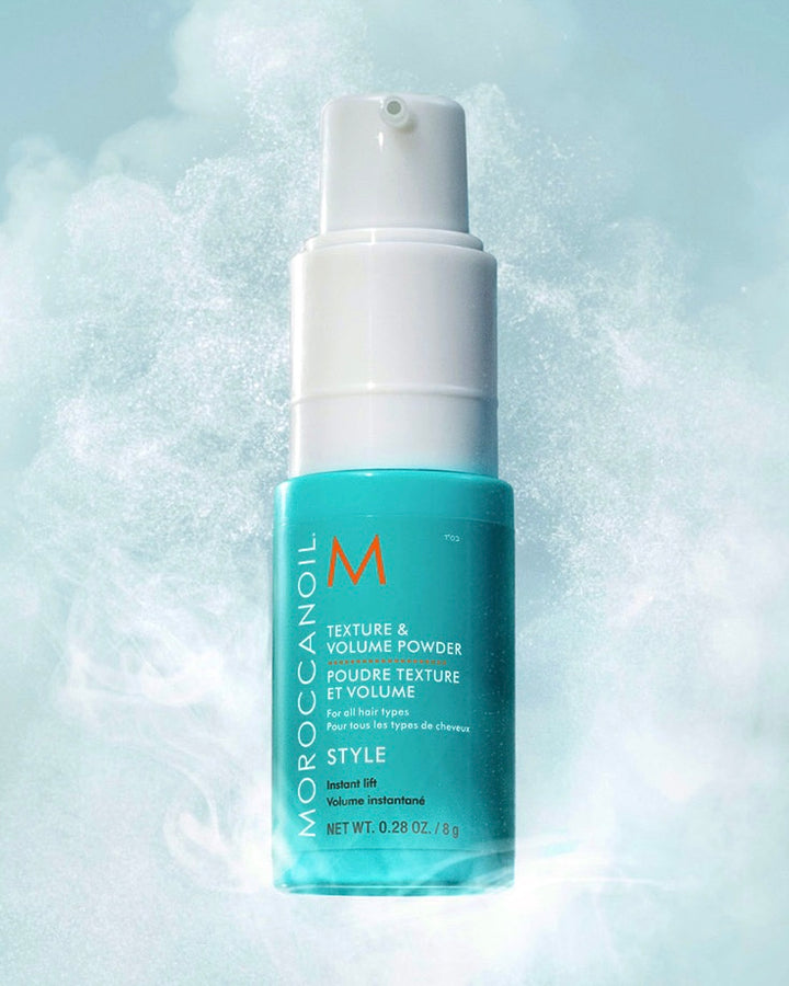 Poudre Texture & Volume Moroccanoil pour cheveux fins, volume instantané à la racine, fini semi-mat et texture légère, flacon turquoise