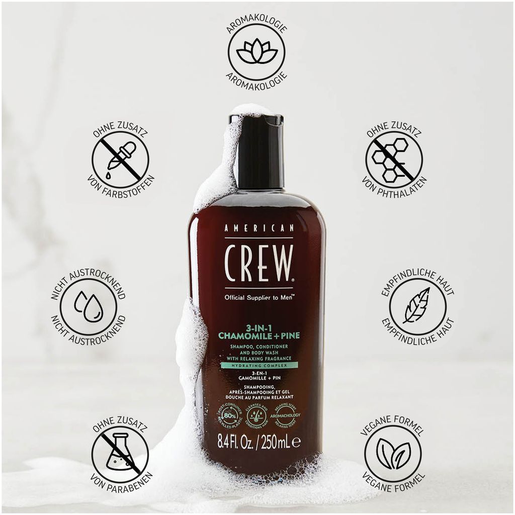 Flacon de shampoing 3-en-1 American Crew Camomille & Pin, soin tout-en-un pour homme