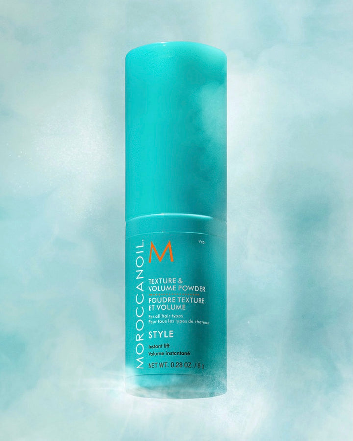 Poudre Texture & Volume Moroccanoil pour cheveux fins, volume instantané à la racine, fini semi-mat et texture légère, flacon turquoise