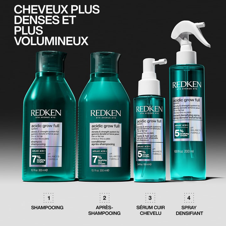 Gamme Redken Acidic Bonding Concentrate Grow Full pour cheveux fins, incluant shampoing, après-shampoing, sérum cuir chevelu et spray densifiant en flacons turquoise sur fond noir