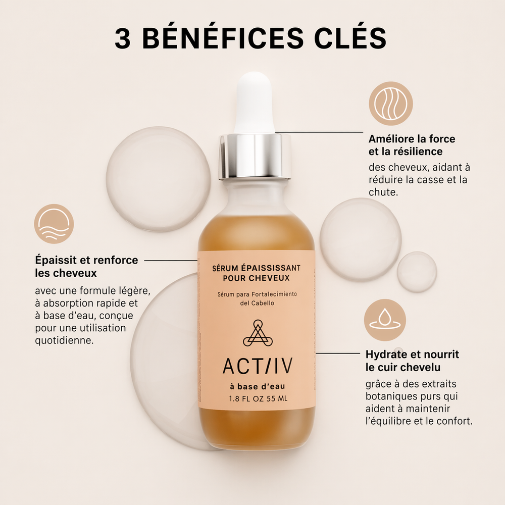 Flacon sérum épaississant ACT/IV à base d’eau, liquide ambré avec pipette argentée et étiquette beige, présenté sur fond neutre avec textures liquides et visuels de bulles, illustrant un soin capillaire hydratant, fortifiant et anti-chute pour cuir chevelu et cheveux plus denses