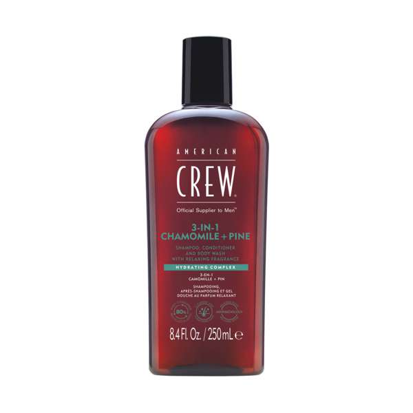 Flacon de shampoing 3-en-1 American Crew Camomille & Pin, soin tout-en-un pour homme
