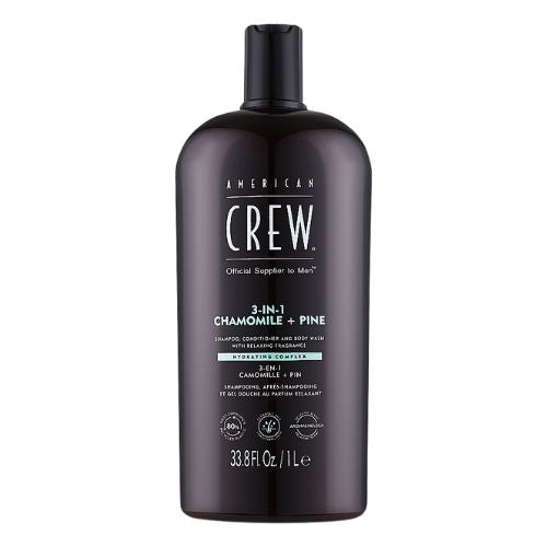 Flacon de shampoing 3-en-1 American Crew Camomille & Pin, soin tout-en-un pour homme