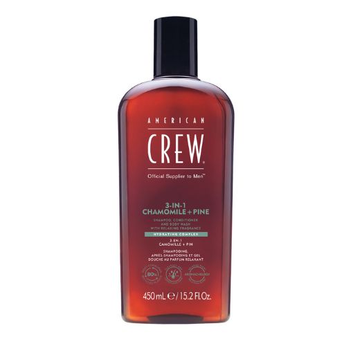 Flacon de shampoing 3-en-1 American Crew Camomille & Pin, soin tout-en-un pour homme
