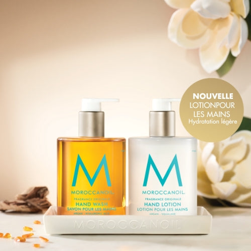 Duo lotion et savon pour les mains Moroccanoil avec plateau en céramique – soin hydratant à l’huile d’argan et parfum signature 360 ml chaque