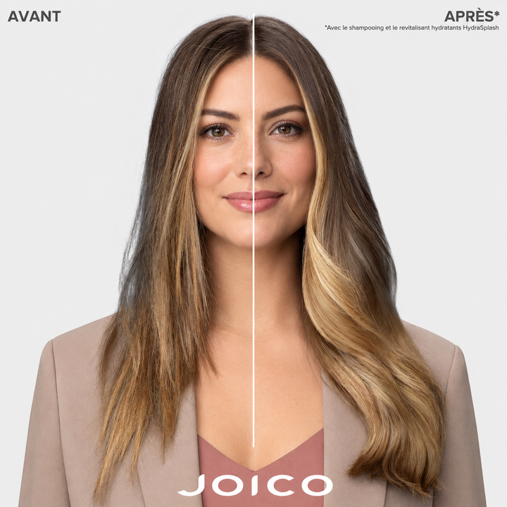 Avant/après Joico HydraSplash montrant des cheveux fins à moyens plus lisses, hydratés et brillants après l’utilisation du shampoing et revitalisant.
