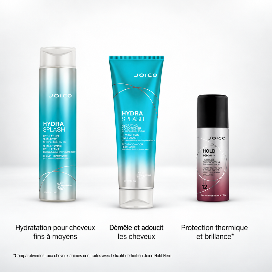 Shampoing et revitalisant Joico HydraSplash turquoise avec fixatif Hold Hero, routine hydratante pour cheveux fins à moyens.