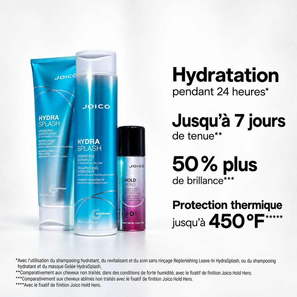 Produits Joico HydraSplash et Hold Hero illustrant l’hydratation, la tenue, la brillance et la protection thermique jusqu’à 450 °F.