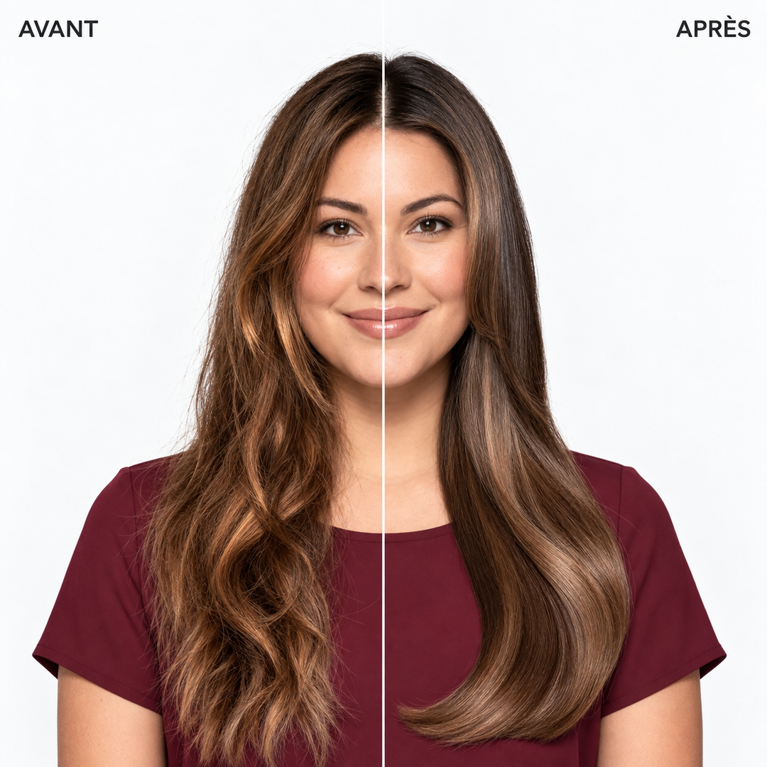 Comparatif avant et après sur une femme aux longs cheveux bruns colorés : à gauche, cheveux ondulés à l’apparence plus sèche, terne et irrégulière; à droite, cheveux visiblement plus lisses, droits, brillants et disciplinés, illustrant le résultat d’une routine de soins pour cheveux colorés et endommagés.