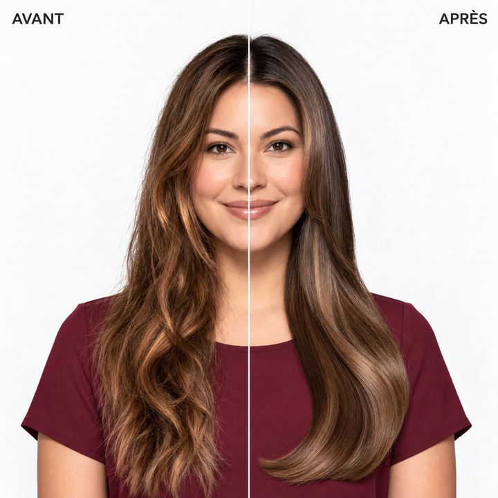 Comparatif avant et après sur une femme aux longs cheveux bruns colorés : à gauche, cheveux ondulés à l’apparence plus sèche, terne et irrégulière; à droite, cheveux visiblement plus lisses, droits, brillants et disciplinés, illustrant le résultat d’une routine de soins pour cheveux colorés et endommagés.