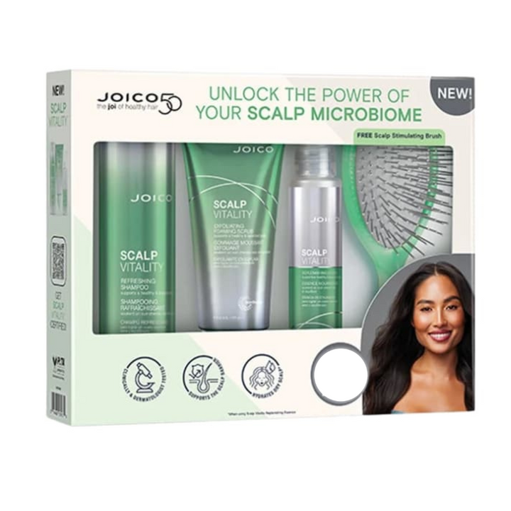 Coffret Joico Scalp Vitality comprenant shampooing, gommage exfoliant, essence nourrissante et brosse cuir chevelu, soin rééquilibrant complet