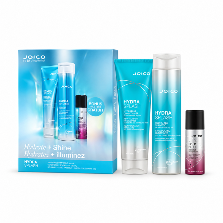 Trio Joico HydraSplash Hydratez + Illuminez avec shampoing 300 ml, revitalisant 250 ml et fixatif Hold Hero 50 g sur fond blanc.