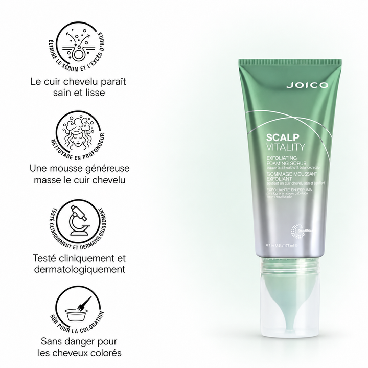 Gommage moussant exfoliant Joico Scalp Vitality 177 ml en tube vert métallique et argent avec applicateur vert protégé par un capuchon transparent, présenté avec pictogrammes indiquant l’élimination du sébum et de l’excès d’huile, le nettoyage en profondeur, les tests cliniques et dermatologiques et la compatibilité avec les cheveux colorés.