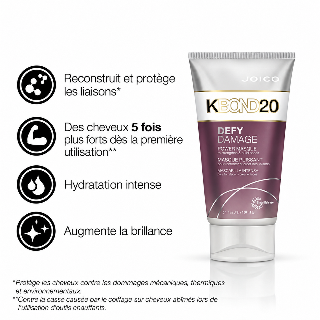 Masque puissant Joico KBOND20 Defy Damage 150 ml en tube argenté et violet, présenté sur fond blanc avec ses bénéfices : reconstruction des liaisons, cheveux 5 fois plus forts, hydratation intense et brillance.