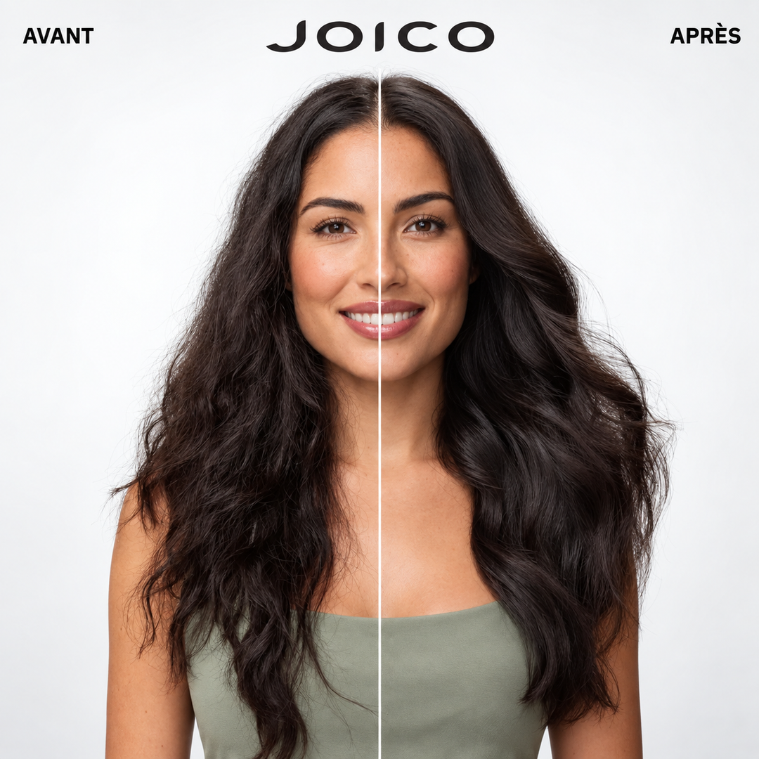 Comparatif avant et après Joico Scalp Vitality sur une femme aux longs cheveux brun foncé : côté avant avec texture plus ébouriffée et côté après avec cheveux visiblement plus lisses, brillants, disciplinés et coiffés en ondulations souples, séparés par une ligne verticale sur fond blanc.