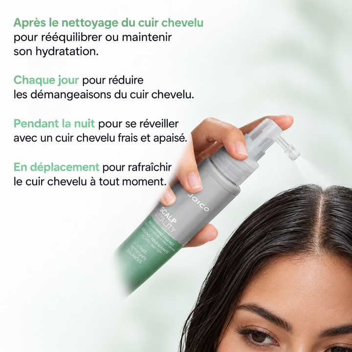 Essence nourrissante Joico Scalp Vitality en flacon argent et vert tenue au-dessus de la raie de cheveux foncés, avec embout applicateur ciblant directement le cuir chevelu; visuel expliquant son utilisation après le nettoyage, chaque jour, pendant la nuit ou en déplacement pour rafraîchir et apaiser le cuir chevelu.