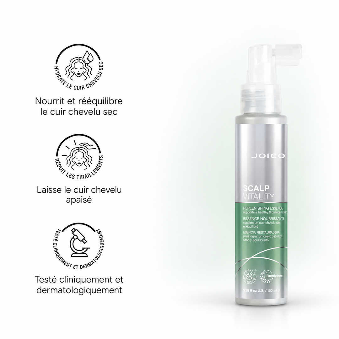 Essence nourrissante Joico Scalp Vitality 100 ml dans un flacon cylindrique argent et vert avec pompe et embout transparent, accompagnée de pictogrammes indiquant qu’elle nourrit et rééquilibre le cuir chevelu sec, aide à réduire les tiraillements et laisse le cuir chevelu apaisé; produit testé cliniquement et dermatologiquement.