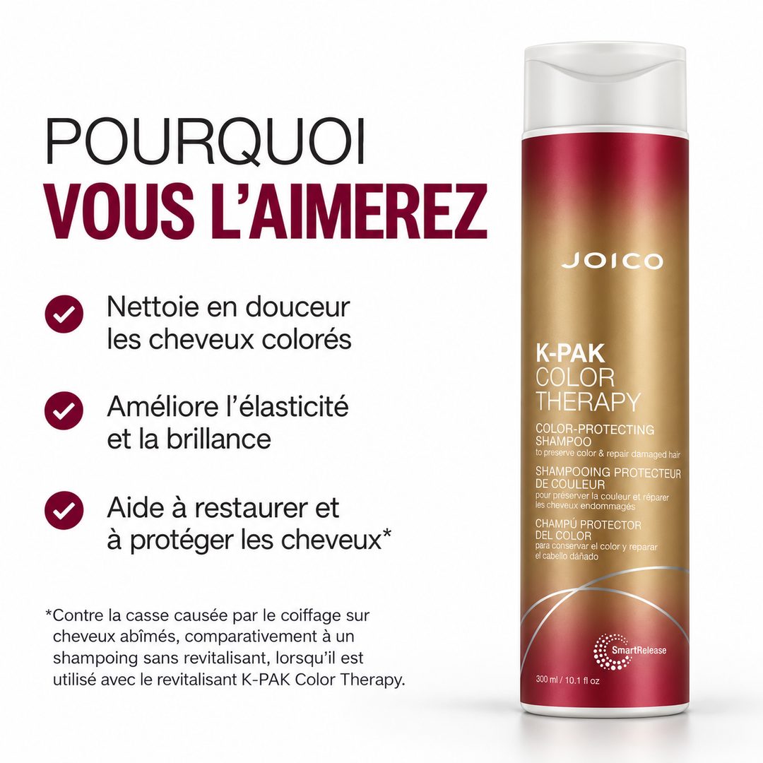 Shampoing protecteur de couleur Joico K-PAK Color Therapy 300 ml dans une bouteille cylindrique au dégradé métallique doré et bordeaux avec bouchon blanc, présenté sur fond blanc avec ses bénéfices : nettoyage doux des cheveux colorés, amélioration de l’élasticité et de la brillance et aide à restaurer et protéger les cheveux endommagés.
