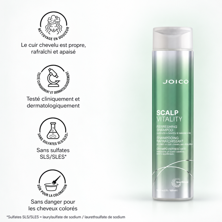 Shampoing rafraîchissant Joico Scalp Vitality 300 ml dans une bouteille cylindrique au dégradé vert et argent avec bouchon translucide, accompagné de pictogrammes indiquant un nettoyage en douceur, un cuir chevelu propre, rafraîchi et apaisé, une formule sans sulfates SLS/SLES, testée cliniquement et dermatologiquement et adaptée aux cheveux colorés.