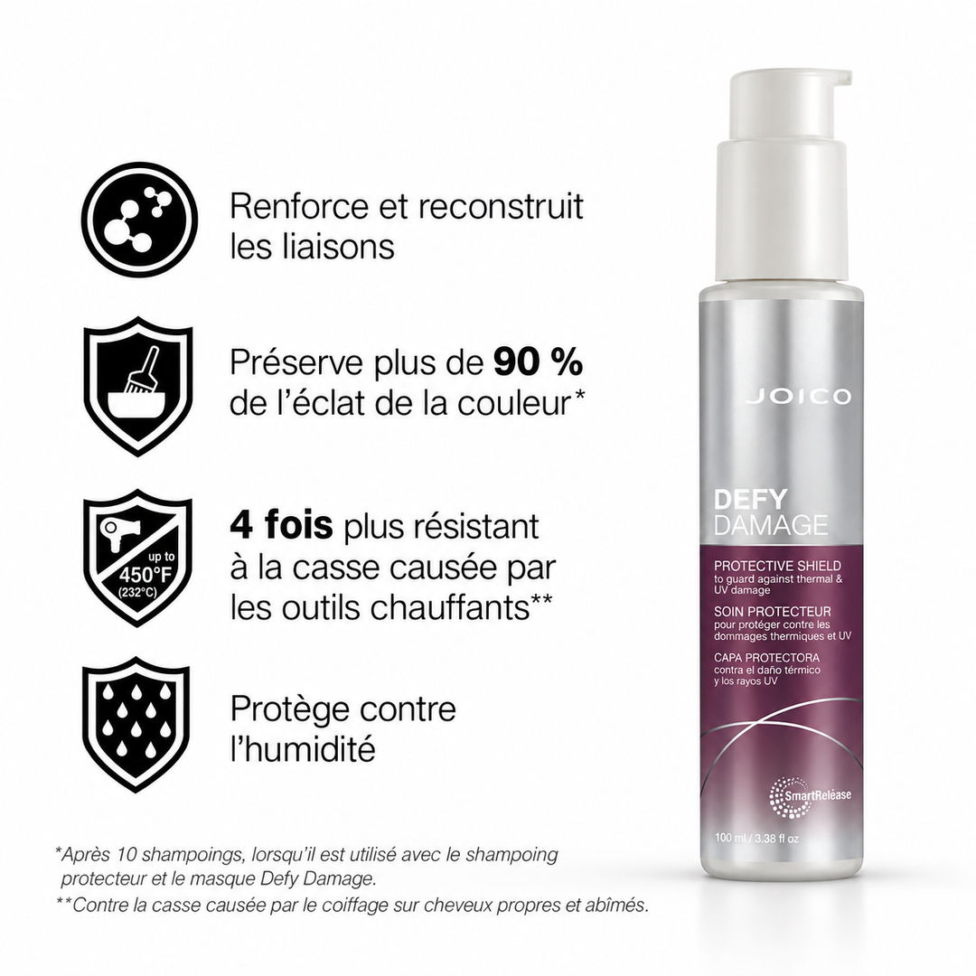 Soin protecteur Joico Defy Damage Protective Shield 100 ml en flacon pompe argenté et violet sur fond blanc, avec protection thermique et UV, protection contre l’humidité et aide au renforcement des liaisons capillaires.