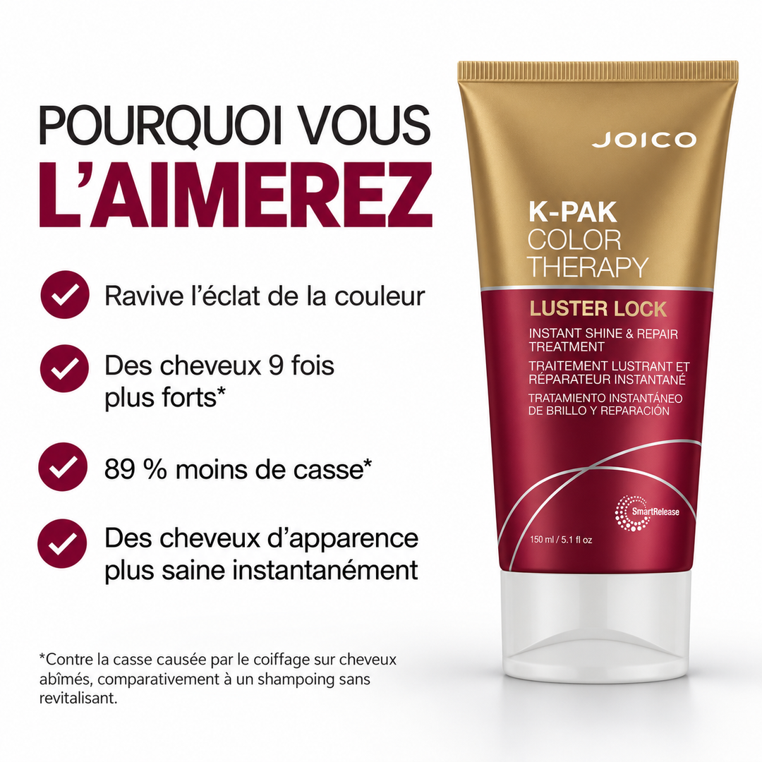Traitement lustrant et réparateur Joico K-PAK Color Therapy Luster Lock 150 ml dans un tube métallique doré et bordeaux avec bouchon blanc, présenté sur fond blanc avec les bénéfices du soin : ravive l’éclat de la couleur, cheveux jusqu’à 9 fois plus forts, 89 % moins de casse et apparence plus saine instantanément.
