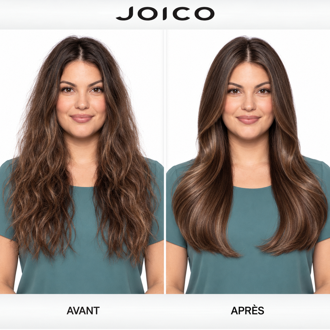 Comparatif avant et après Joico Defy Damage sur cheveux longs bruns : cheveux d’apparence sèche et frisottée avant, puis plus lisses, brillants et disciplinés après la routine.