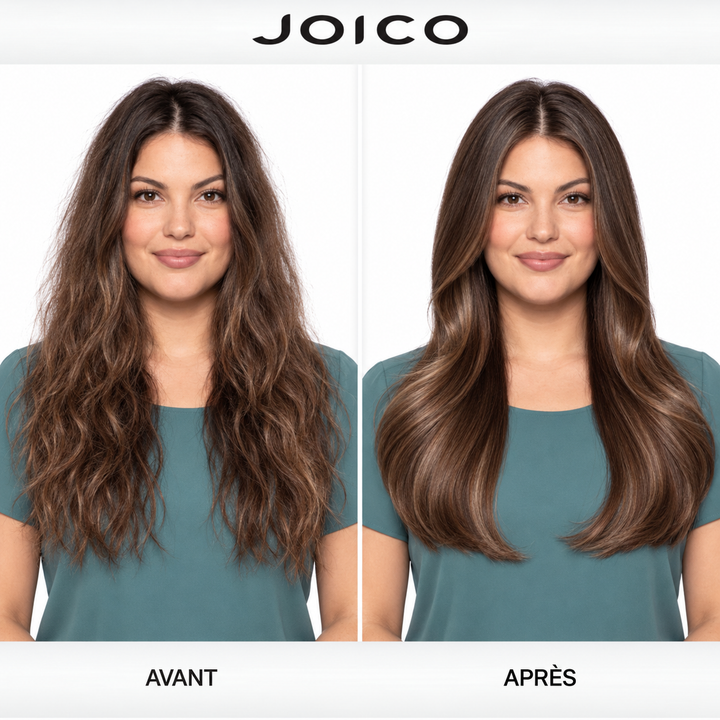 Comparatif avant et après Joico Defy Damage sur cheveux longs bruns : cheveux d’apparence sèche et frisottée avant, puis plus lisses, brillants et disciplinés après la routine.