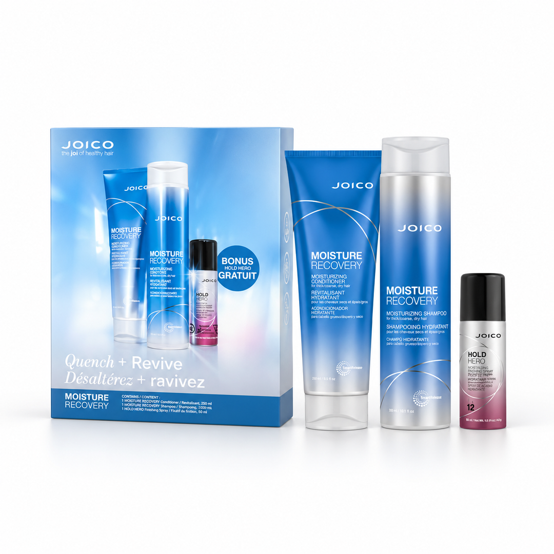 Ensemble Joico Moisture Recovery Désaltérez + Ravivez avec shampoing 300 ml, revitalisant 250 ml et fixatif Hold Hero 50 ml sur fond blanc.