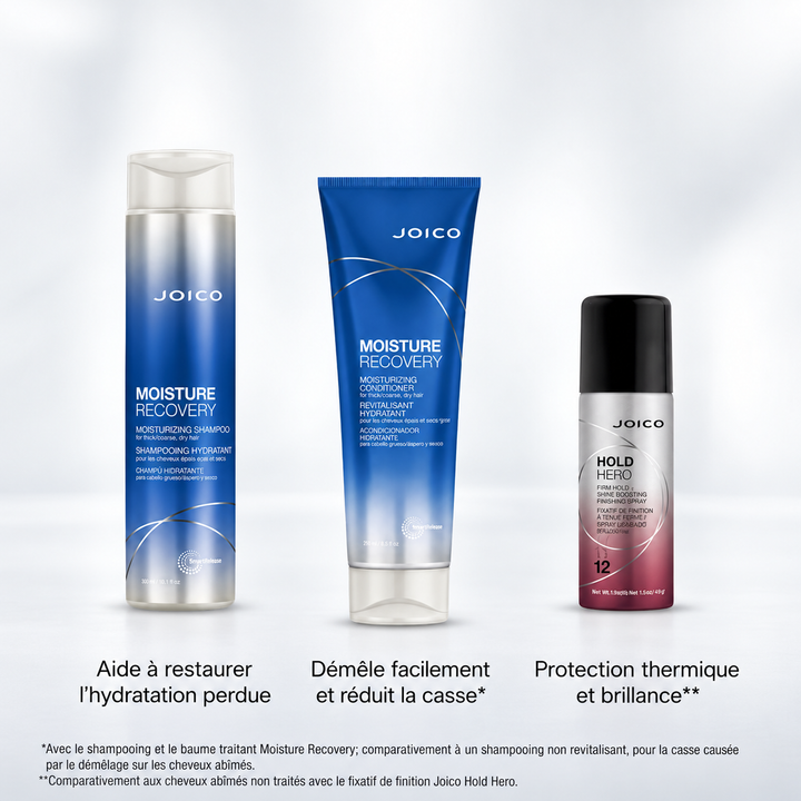 Shampoing et revitalisant Joico Moisture Recovery bleu et argent avec fixatif Hold Hero, routine hydratante pour cheveux secs et épais.