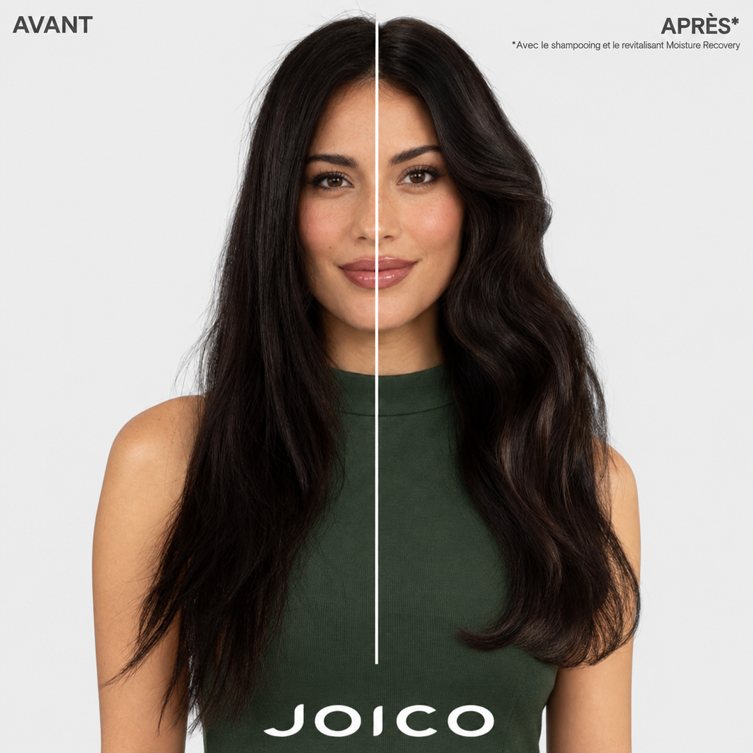 Avant et après Joico Moisture Recovery montrant des cheveux secs plus lisses, souples et brillants après le shampoing et le revitalisant hydratants.