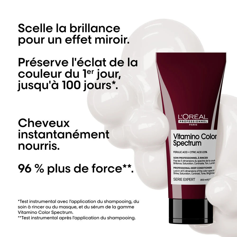 Soin professionnel à rincer Vitamino Color Spectrum de L’Oréal Professionnel, tube rouge bordeaux 200 ml avec bouchon noir, posé sur fond blanc mousseux. Texte en noir : scelle la brillance, protège la couleur jusqu’à 100 jours, nourrit instantanément, 96 % plus de force.