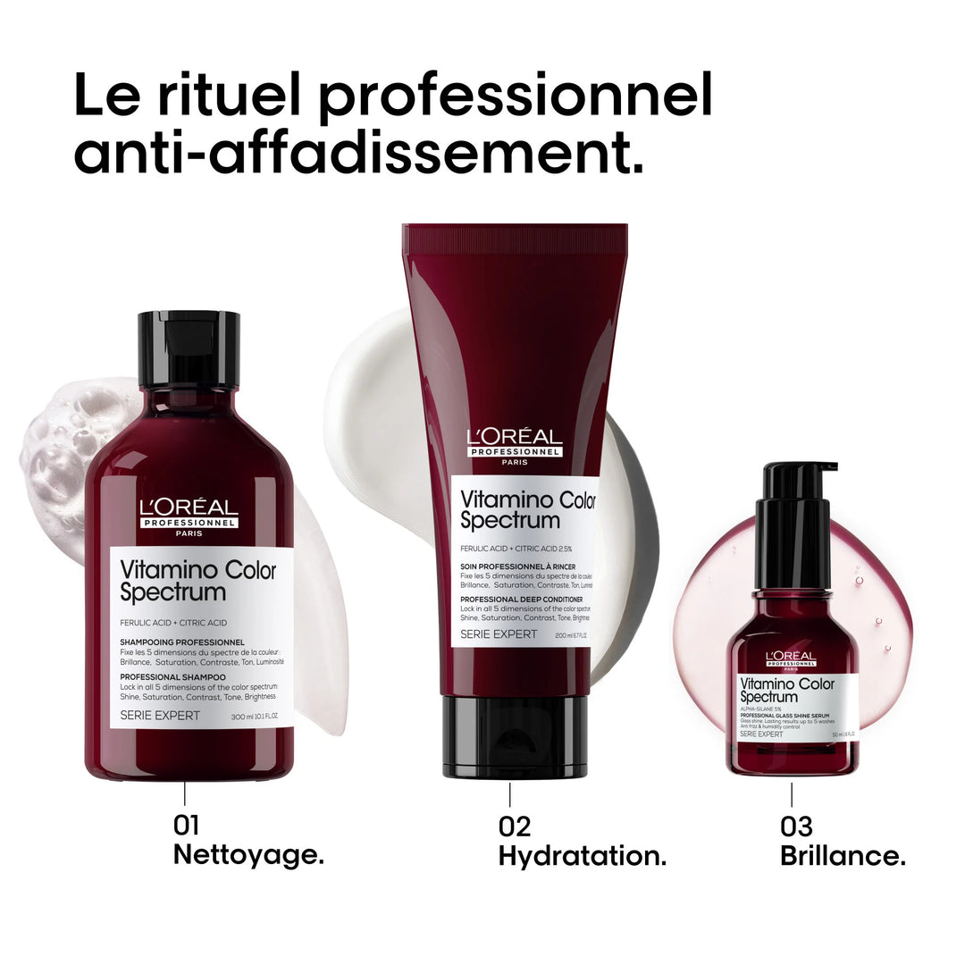 Les trois produits du rituel capillaire Vitamino Color Spectrum de L’Oréal Professionnel alignés sur fond blanc : shampoing 300 ml, soin à rincer 200 ml, sérum 50 ml. Indications sous chaque produit : Nettoyage, Hydratation, Brillance.