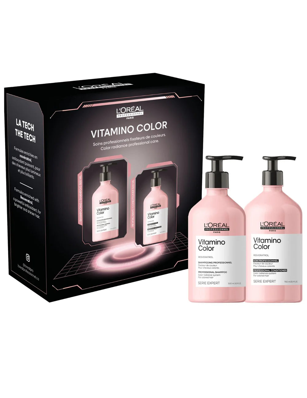 Coffret L'Oréal Professionnel Vitamino Color contenant un shampoing et un après-shampoing de 500 ml chacun, pour cheveux colorés. Packaging rose élégant, format pompe.