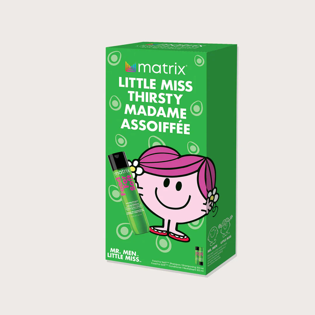 Coffret Matrix Food for Soft 300 ml édition Little Miss Thirsty avec shampoing et revitalisant pour cheveux secs, emballage vert ludique et coloré.