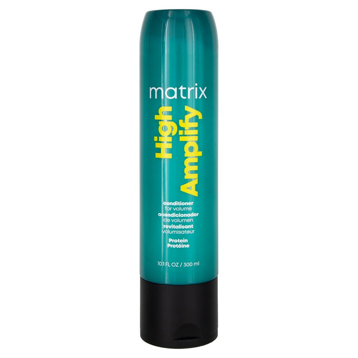 Bouteille turquoise de 300 ml du revitalisant Matrix High Amplify, conçu pour donner du volume aux cheveux fins grâce à une formule enrichie en protéines fortifiantes.