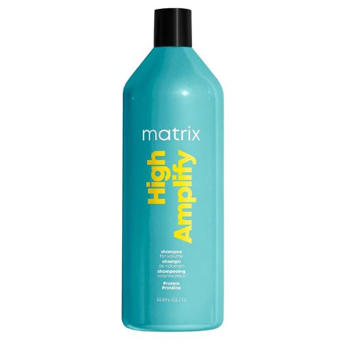 Bouteille turquoise de 1 litre du shampoing Matrix High Amplify, formulé pour offrir volume et corps aux cheveux fins grâce aux protéines fortifiantes.