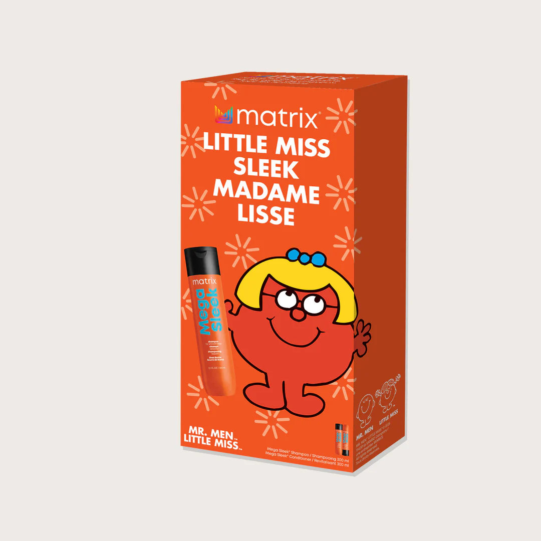 Coffret Matrix Mega Sleek 300 ml édition Little Miss Sleek avec shampoing et revitalisant lissants, emballage orange vif avec personnage animé.