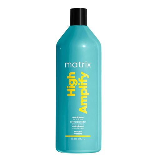 Bouteille turquoise de 1 litre du revitalisant Matrix High Amplify, formulé pour renforcer les cheveux fins et leur donner un volume durable grâce aux protéines.