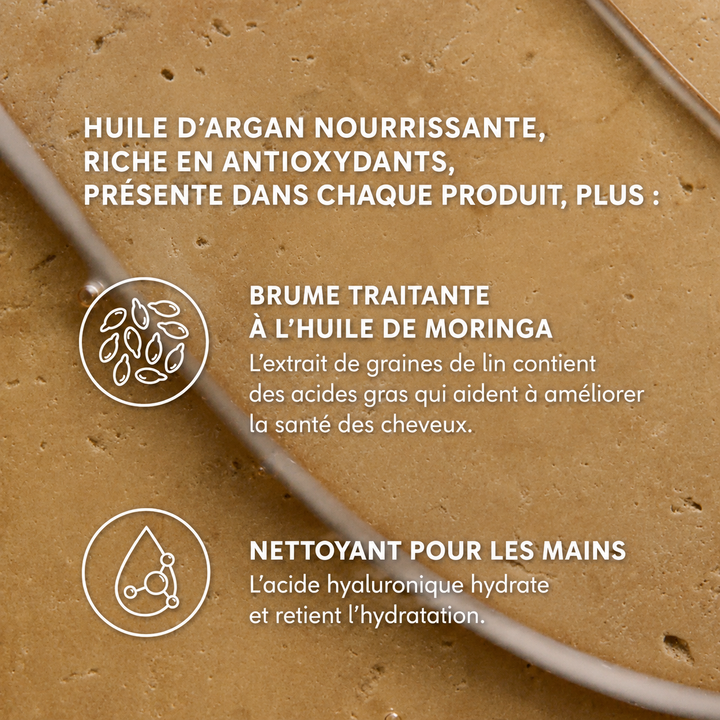 Présentation des ingrédients nourrissants Moroccanoil avec huile d’argan, extrait de lin et acide hyaluronique sur fond texturé beige.
