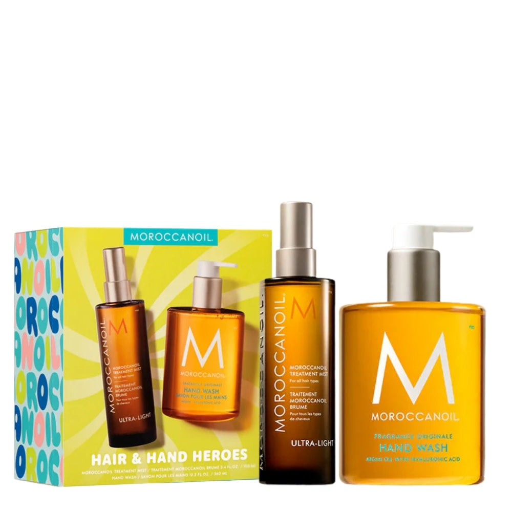Coffret cadeau Moroccanoil édition limitée comprenant une brume capillaire ultra légère et un savon pour les mains hydratant en format grand format.