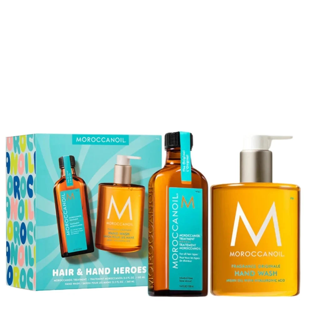 Coffret Moroccanoil édition limitée comprenant le traitement capillaire original et un savon pour les mains hydratant grand format.