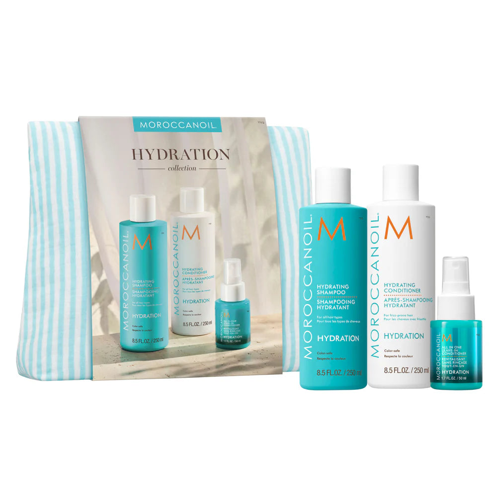 Ensemble Hydration Moroccanoil édition limitée comprenant shampoing hydratant, revitalisant hydratant et soin sans rinçage avec trousse.