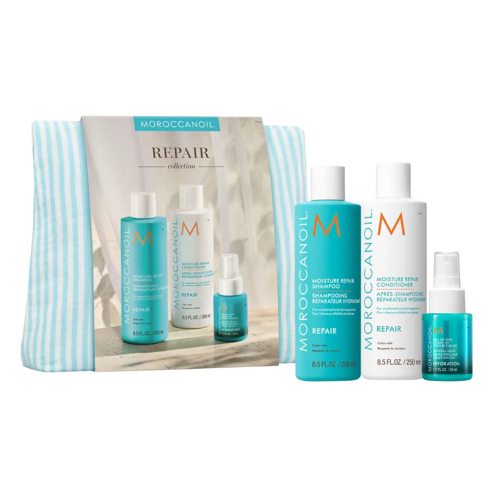 Coffret Repair Moroccanoil avec shampoing réparateur hydratant, revitalisant réparateur et soin sans rinçage avec trousse turquoise.