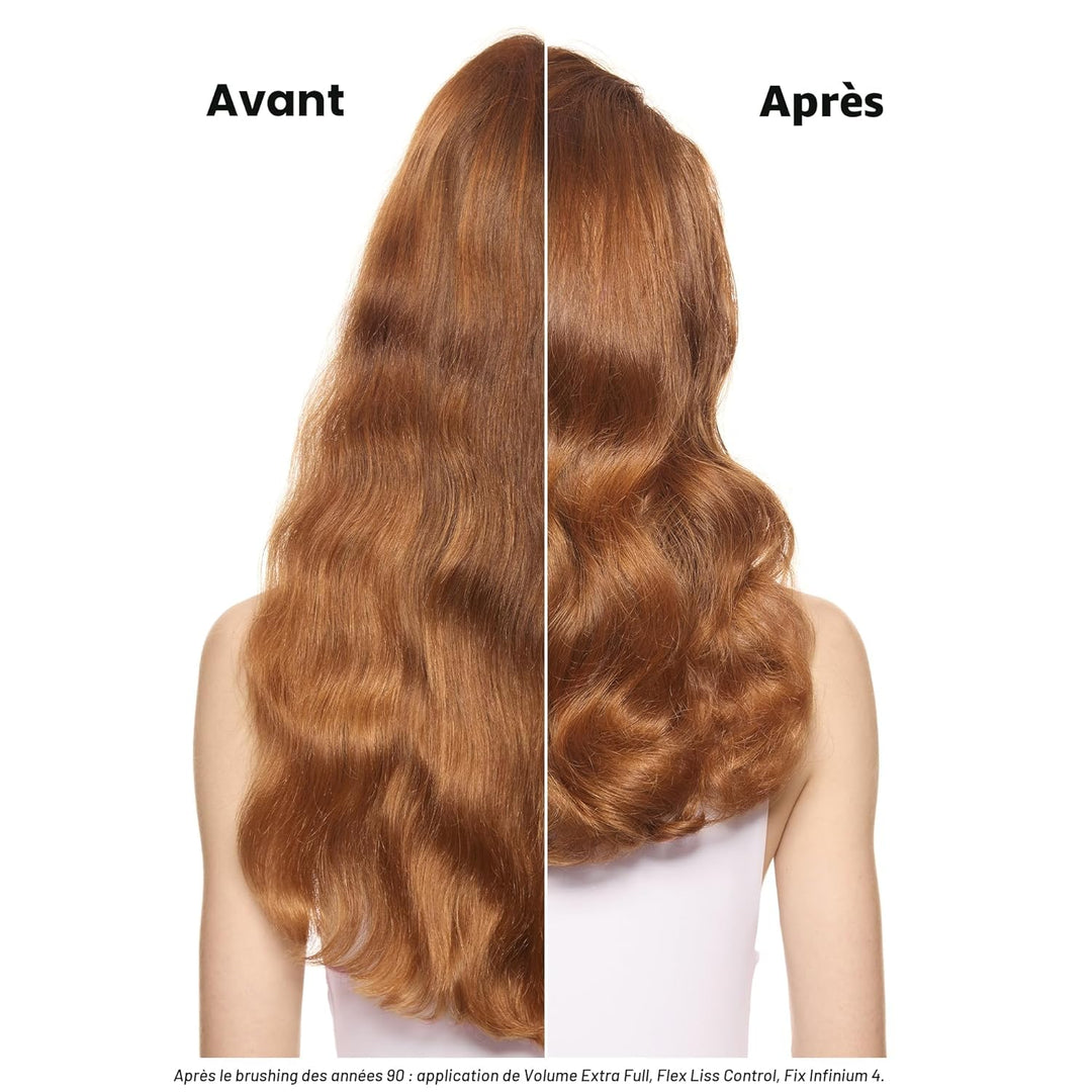 Résultat avant après utilisation de la mousse Volume Extra Full L’Oréal Professionnel, cheveux longs roux avec plus de volume, ondulations définies et brillance naturelle