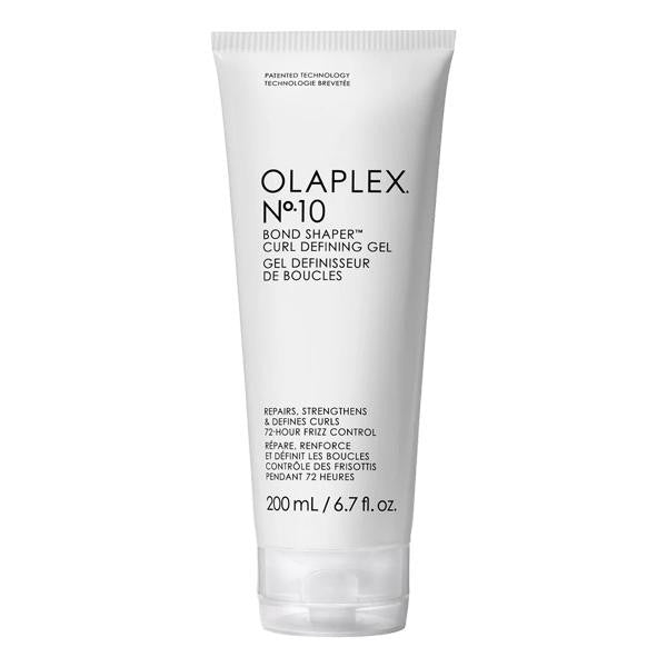 Tube blanc de 200 ml du gel définisseur de boucles OLAPLEX N°10 Bond Shaper, avec bouchon transparent, présenté sur fond blanc professionnel. Produit coiffant hydratant anti-frisottis, idéal pour cheveux bouclés et ondulés.